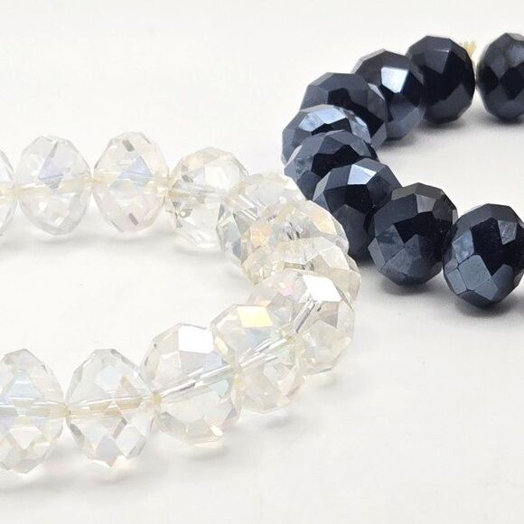 Two Chunky Glass Beaded Stretch Bracelets Black and Irridescent Crystal Clear - Picture 1 of 6